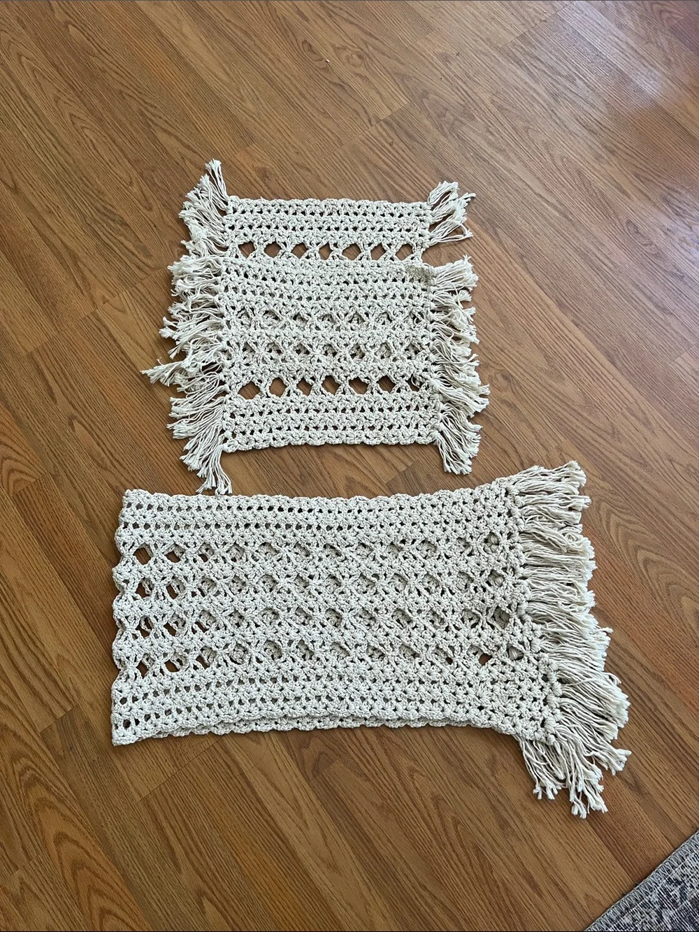 Crochet Tassel Table Runner & 2 placemats matching 53” x 12” handmade